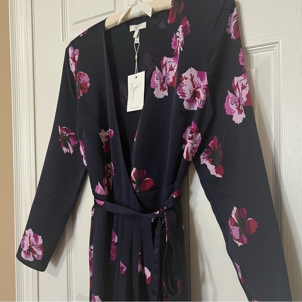 [NWT] Joie Navy Pink Floral Print Silky Satin Wrap Long Sleeve Midi Dress - Sz S - Picture 5 of 15